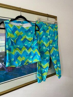 Vintage y2k Blue Green Mod Psychedelic Capri Pant Set Summer Preppy